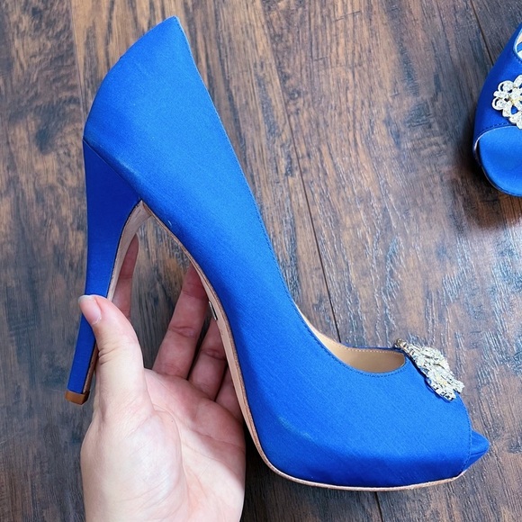 Badgley Mischka • Goodie Peep Toe Pumps satin jeweled Royal Blue Silk crystal - Picture 10 of 13